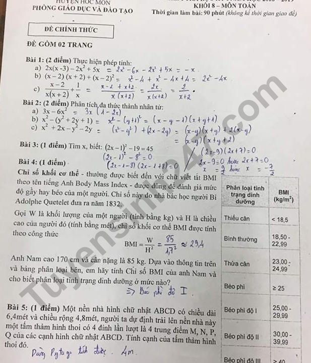 Đề thi kì 1 lớp 8 môn Toán năm 2018 - Phòng GD huyện Hóc Môn 