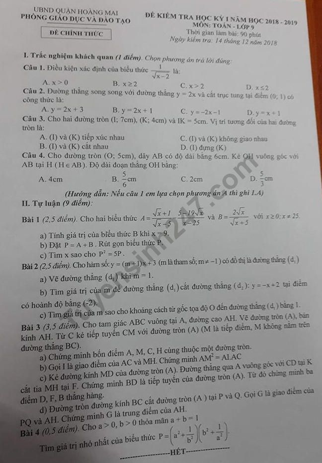 Đề thi học kì 1 lớp 9 môn Toán - Phòng GD Quận Hoàng Mai năm 2018