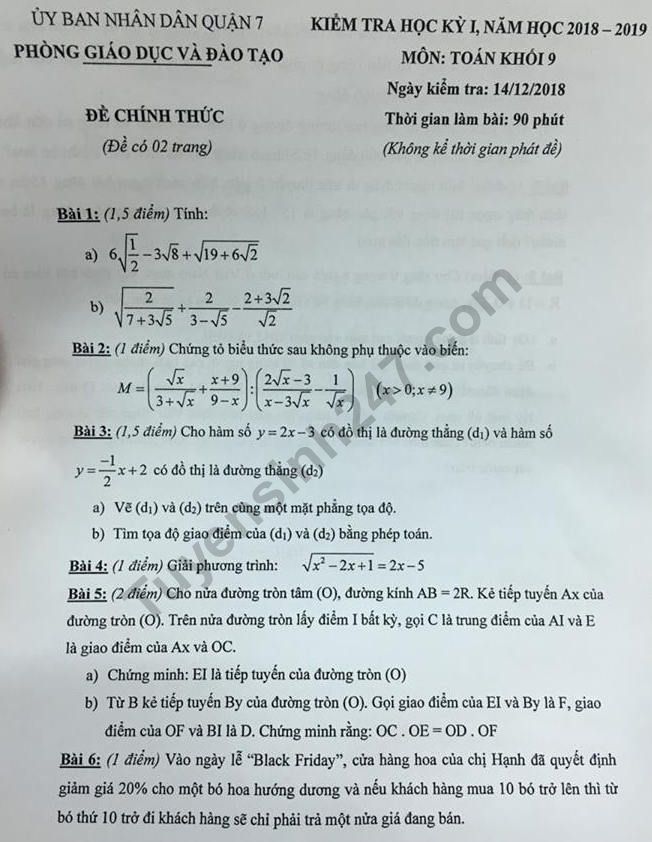 Đề thi học kì 1 lớp 9 môn Toán năm 2018 - Phòng GD Quận 7