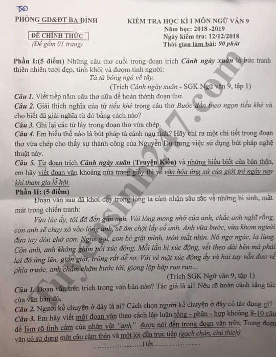 Đề thi học kỳ 1 lớp 9 môn Văn năm 2018 - Phòng GD Quận Ba Đình 