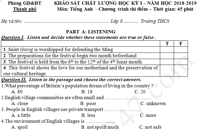 Đề thi hoc kì 1 lớp 8 môn tiếng Anh năm 2018