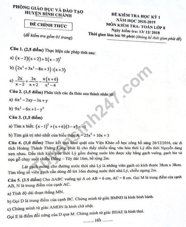 Đề thi học kì 1 lớp 8 môn Toán Bình Chánh năm 2018