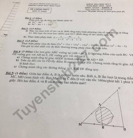 Đề thi cuối kì 1 môn Toán lớp 8 năm 2018 Quận 1