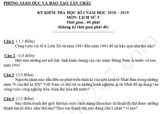 Đề thi kì 1 lớp 9 môn Sử - Tân Châu năm 2018