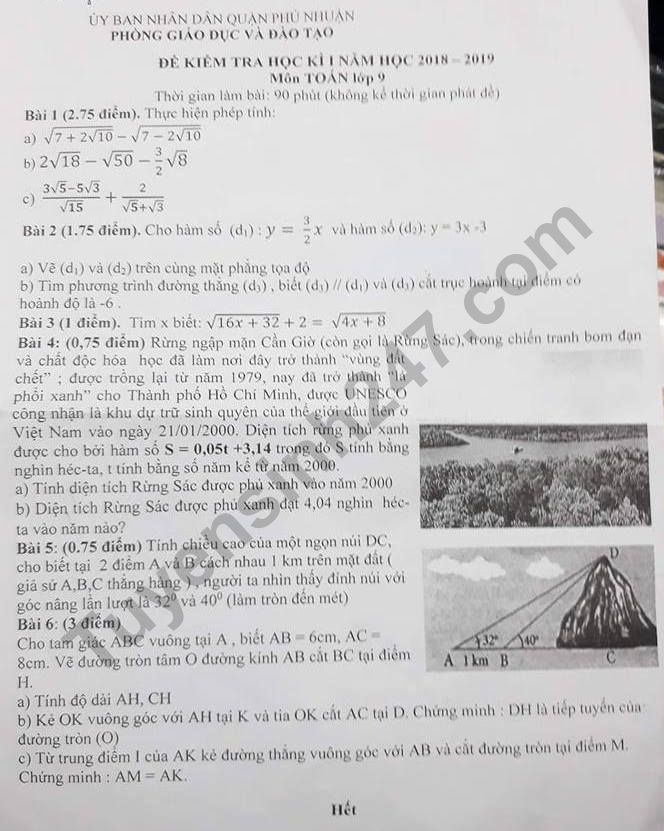 Đề thi kì 1 môn Toán lớp 9 năm  2018 Quận Phú Nhuận