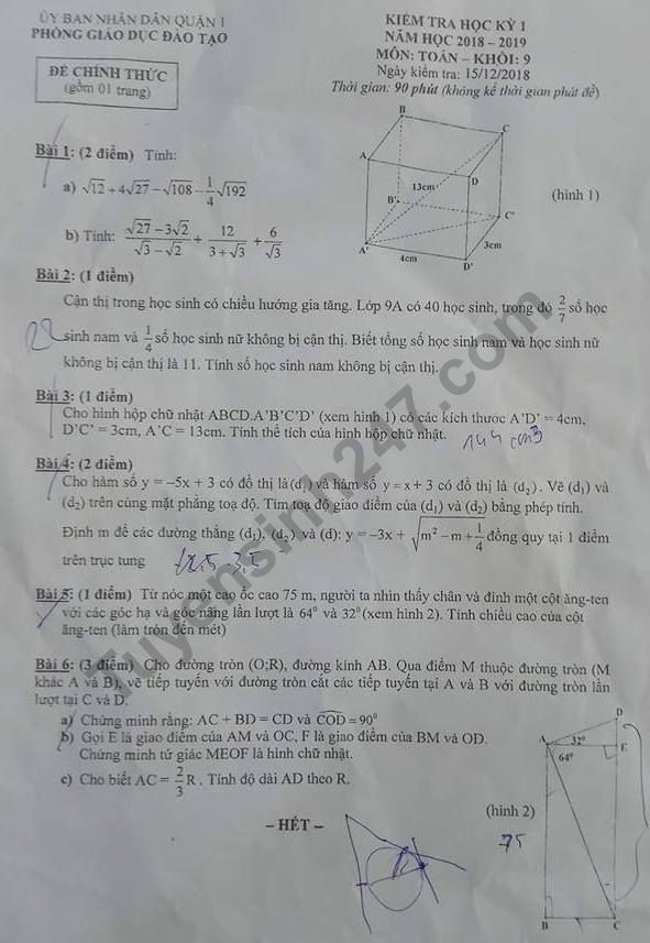 Đề thi kì 1 môn Toán lớp 9 Quận 1 năm 2018