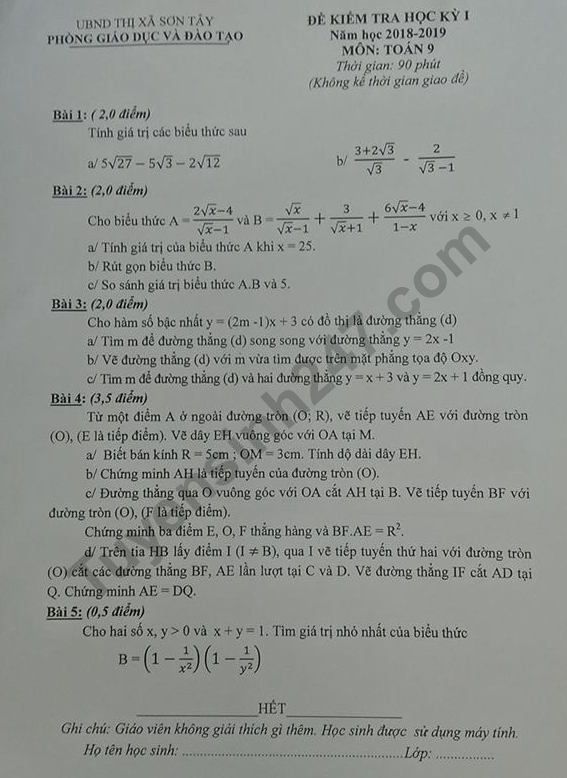 Đề thi kì 1 môn Toán lớp 9 - Sơn Tây 2018 - 2019