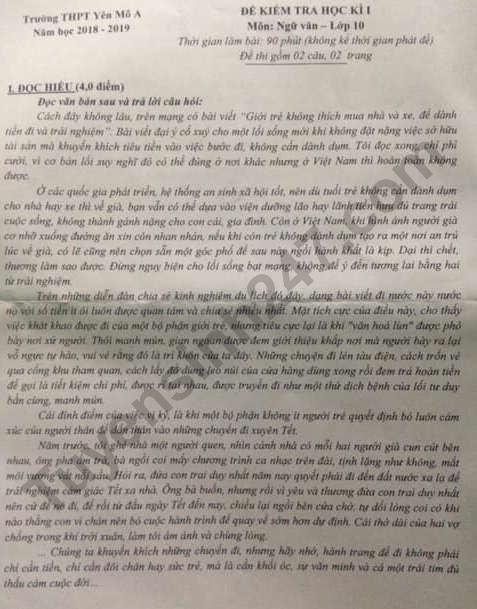 Đề thi kì 1 lớp 10 môn Văn THPT Yên Mô A 2018