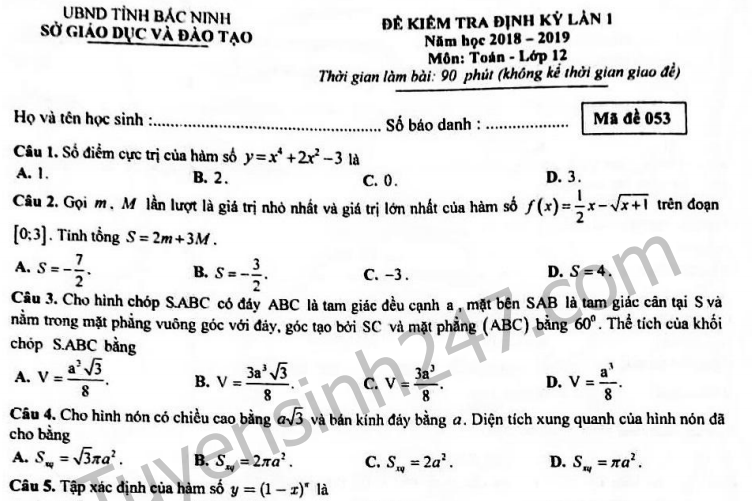 Đề thi kì 1 lớp 12 môn Toán 2018 Sở GD Bắc Ninh