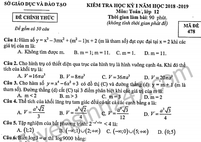 Đề thi kì 1 lớp 12 môn Toán 2018 Sở GD Bình Dương