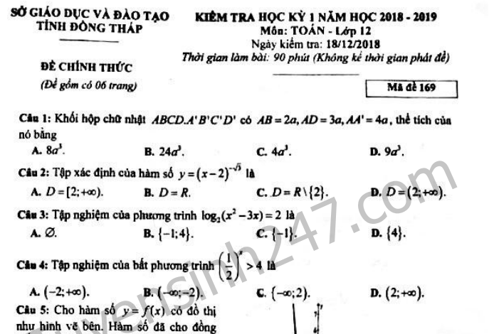 Đề thi kì 1 lớp 12 môn Toán Sở GD Đồng Tháp 2018