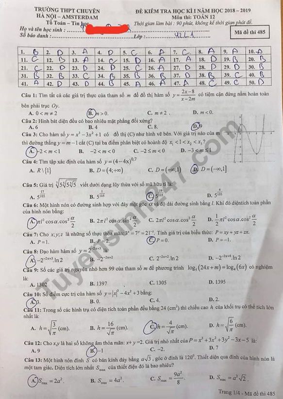 Đề thi kì 1 môn Toán lớp 12 năm 2018 - THPT Chuyên Amsterdam