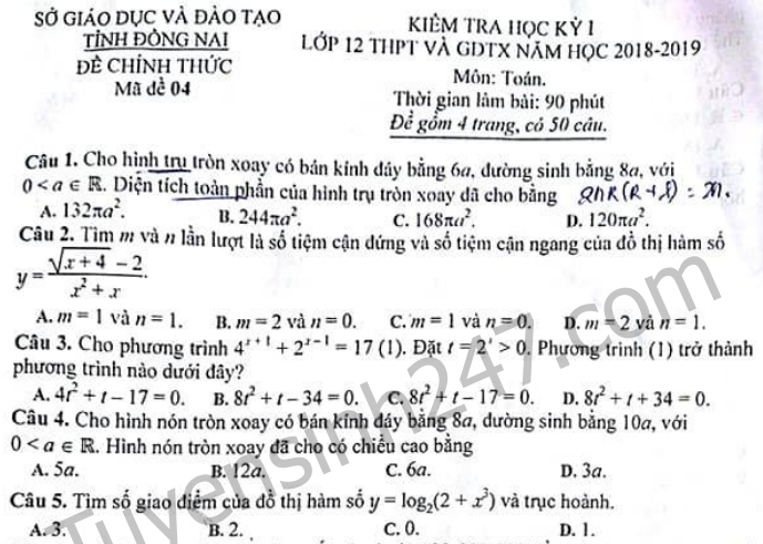 Đề thi kì 1 môn Toán lớp 12 Sở GD Đồng Nai 2018