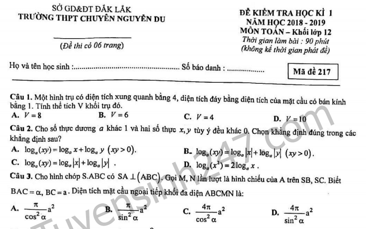 Đề thi kì 1 lớp 12 môn Toán năm 2018 THPT Nguyễn Du