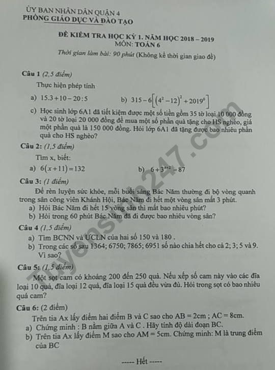 Đề thi kì 1 lớp 6 môn Toán năm 2018 - Phòng GD Quận 4 