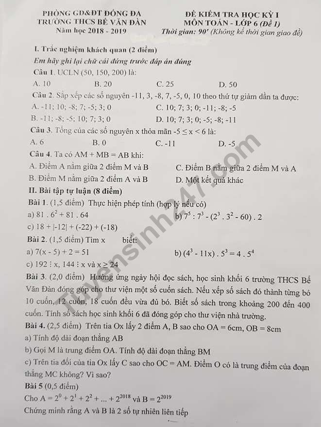 Đề thi kì 1 lớp 6 môn Toán THCS Bế Văn Đàn 2018