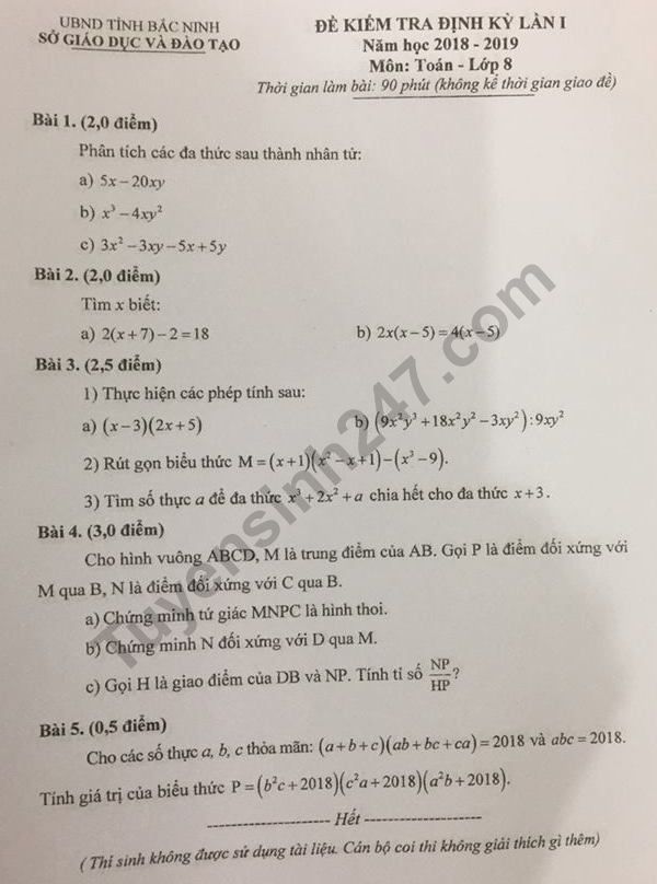 Đề thi kì 1 môn Toán lớp 8 Sở GD Bắc Ninh năm 2018
