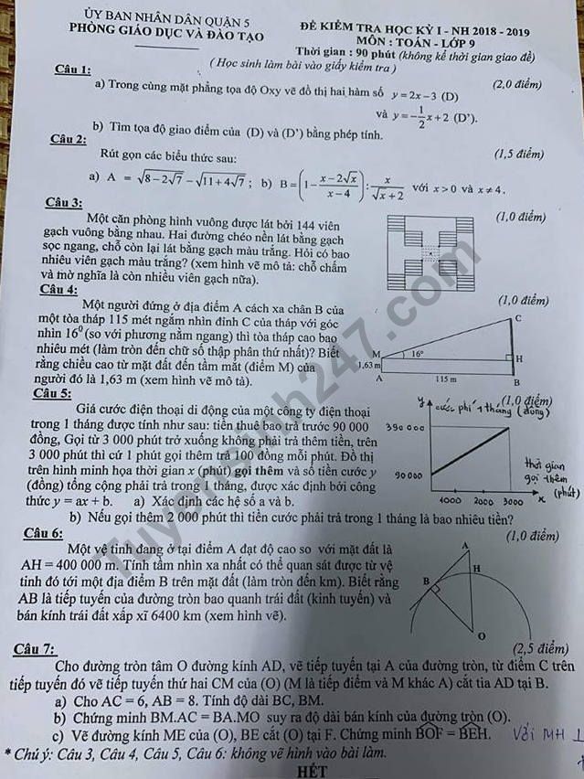 Đề thi kì 1 lớp 9 môn Toán năm 2018 - Phòng GD Quận 5 
