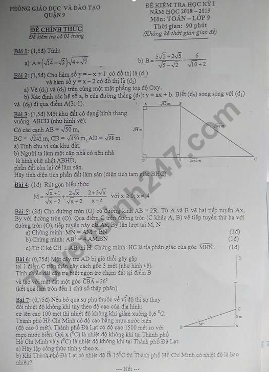 Đề thi kì 1 lớp 9 môn Toán năm 2018 - Phòng GD Quận 9