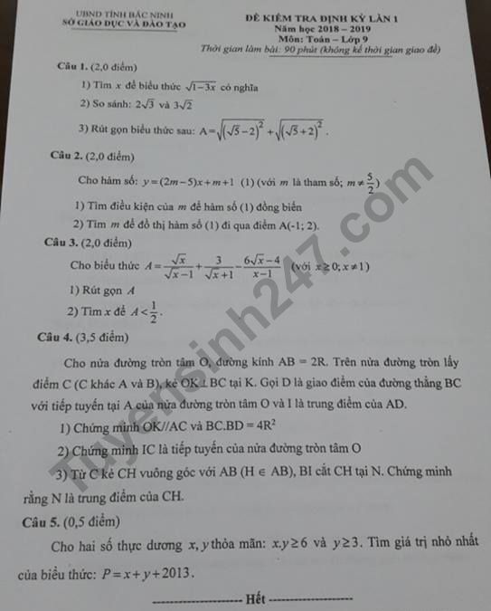 Đề thi kì 1 lớp 9 môn Toán 2018 Sở GD Bắc Ninh