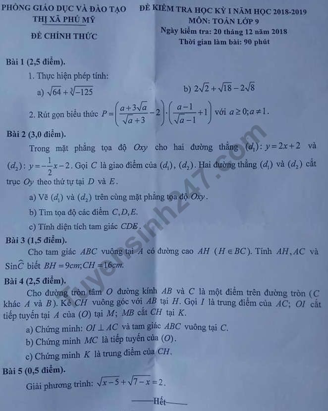 Đề thi kì 1 lớp 9 môn Toán - Phòng GD Thị Xã Phú Mỹ năm 2018