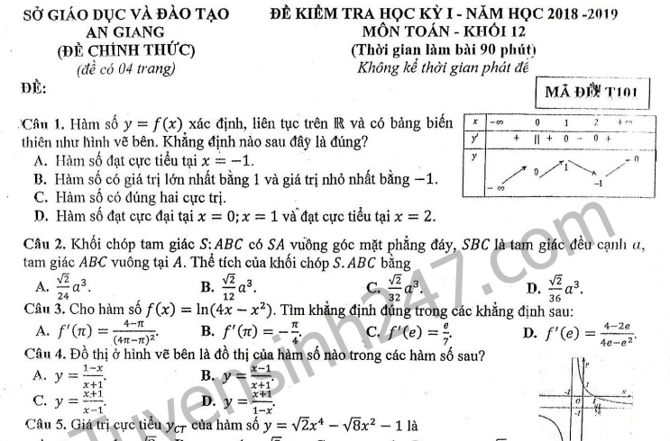 Đề thi kì 1 lớp 12 môn Toán năm 2018 - Sở GD An Giang