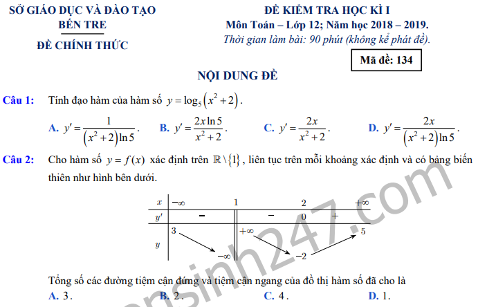 Đề thi kì 1 lớp 12 môn Toán năm 2018 - Sở GD Bến Tre