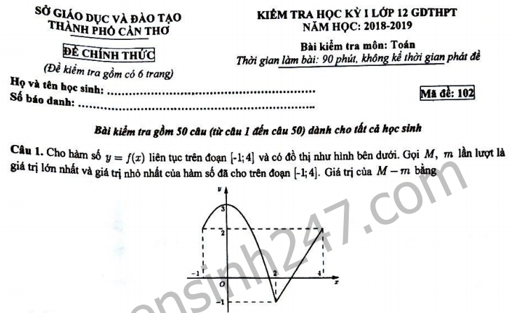 Đề thi kì 1 lớp 12 môn Toán năm 2018 - Sở GD Cần Thơ