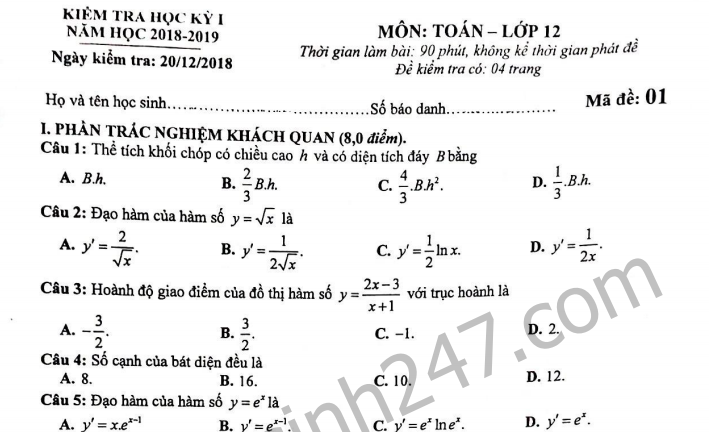 Đề thi kì 1 lớp 12 môn Toán - Sở GD Phú Thọ năm 2018