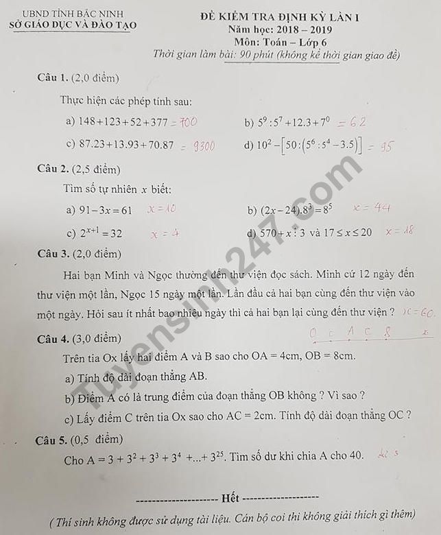 Đề thi học kì 1 lớp 6 môn Toán - Sở GD Bắc Ninh năm 2018