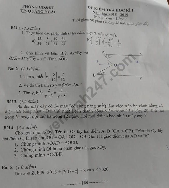 Đề thi kì 1 lớp 7 môn Toán năm 2018 - Phòng GD Quảng Ngãi