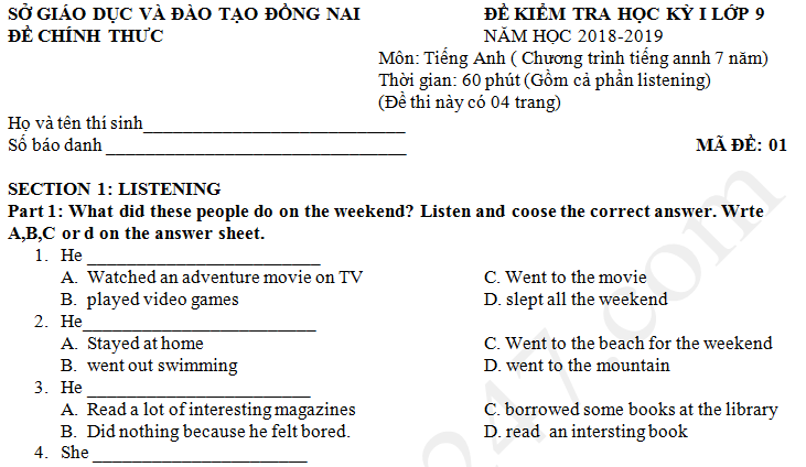 Đề thi kì 1 lớp 9 môn Anh - Sở GD Đồng Nai năm 2018