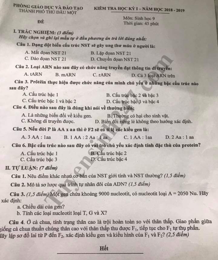 Đề thi học kỳ 1 lớp 9 môn Sinh năm 2018 - Phòng GD TP. Thủ Dầu Một 