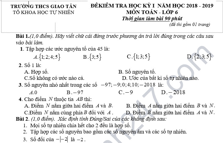 Đề thi học kỳ 1 lớp 6 môn Toán năm 2018 - THCS Giao Tân 