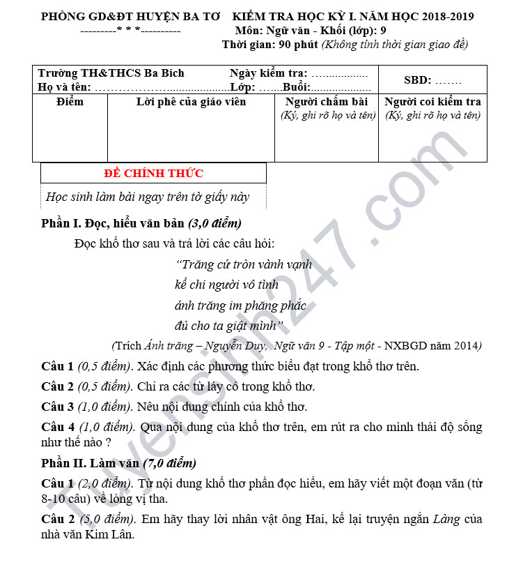 Đề thi học kỳ 1 lớp 9 môn Văn năm 2018 - TH&THCS Ba Bích 