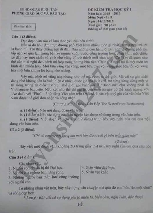 Đề thi học kỳ 1 lớp 9 môn Văn năm 2018 - Phòng GD Bình Tân 