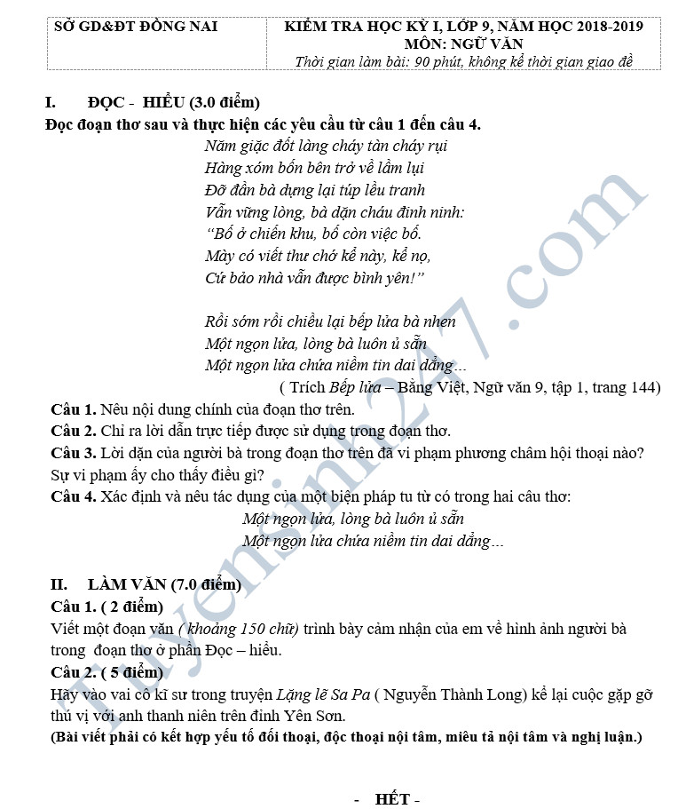 Đề thi học kỳ 1 lớp 9 môn Văn năm 2018 - Sở GD Đồng Nai 