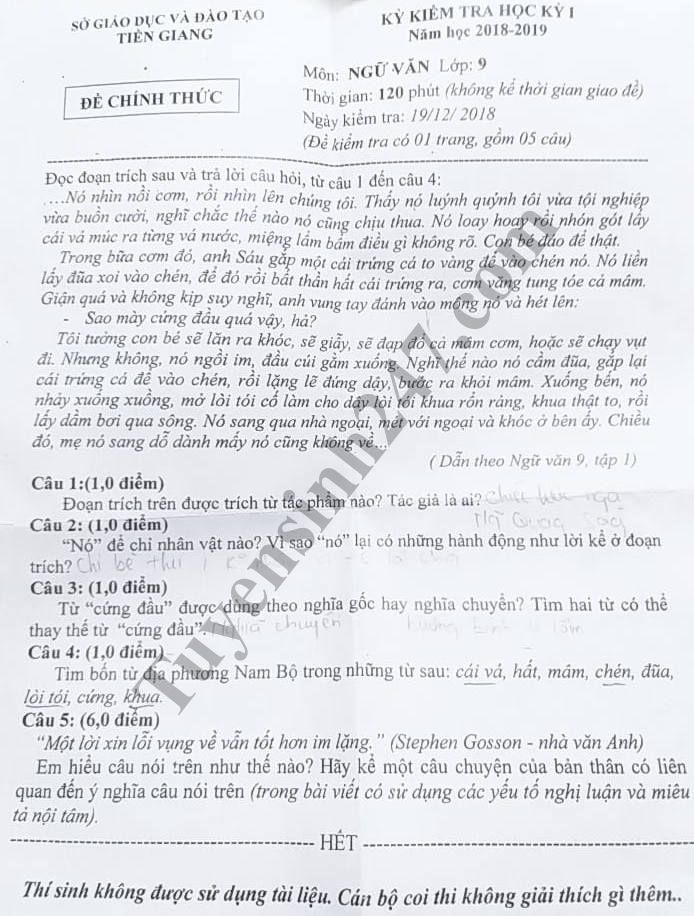 Đề thi học kỳ 1 lớp 9 môn Văn năm 2018 - Sở GD Tiền Giang 