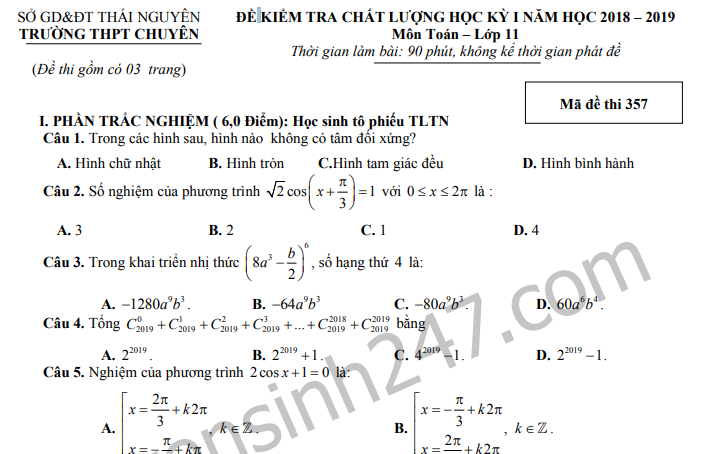 Đề thi kì 1 lớp 11 môn Toán năm 2018 - THPT Chuyên Thái Nguyên 