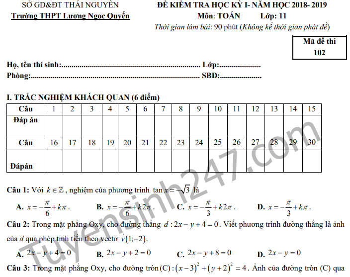 Đề thi kì 1 lớp 11 môn Toán năm 2018 - THPT Lương Ngọc Quyến 