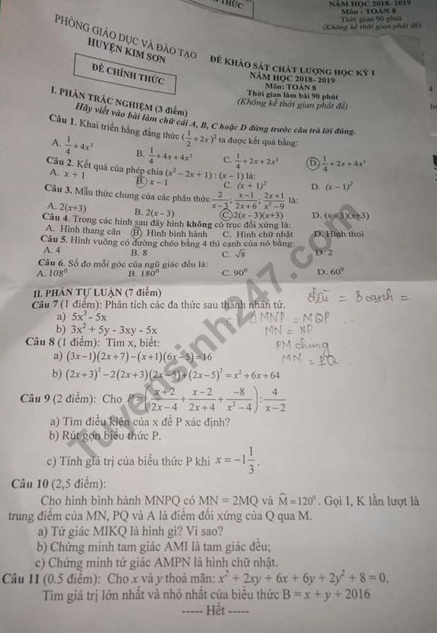 Đề thi kì 1 môn Toán lớp 8 - Phòng GD Kim Sơn năm 2018