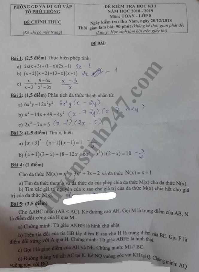 Đề thi học kỳ 1 lớp 8 môn Toán năm 2018 - Phòng GD Gò Vấp 