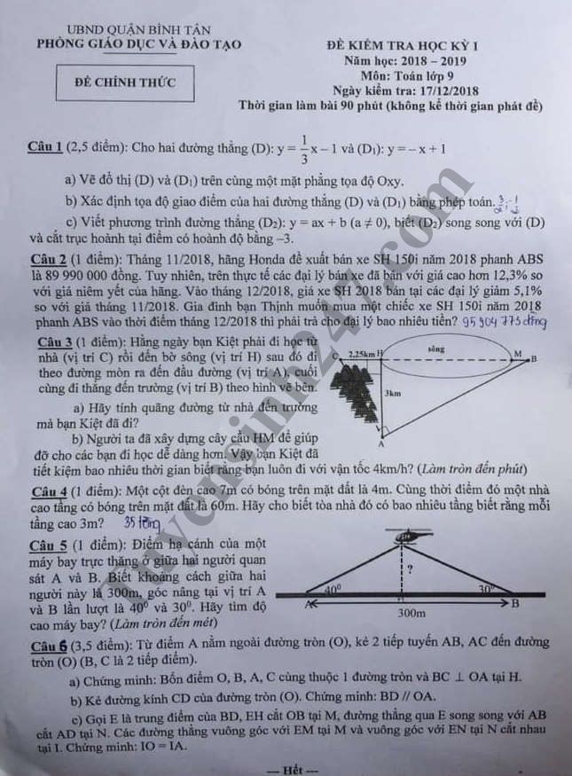 Đề thi học kỳ 1 lớp 9 môn Toán năm 2018 - Phòng GD Bình Tân 