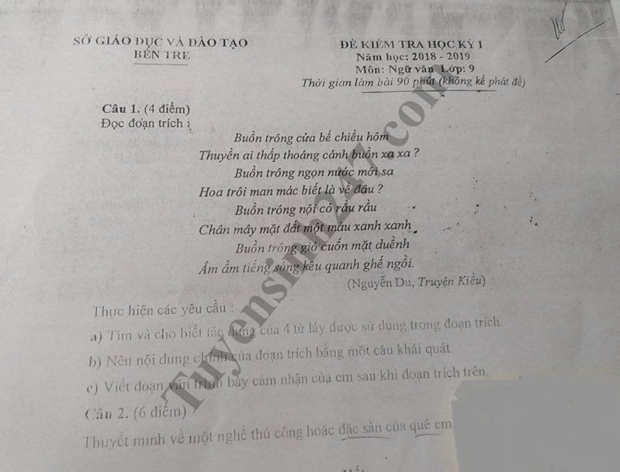 Đề thi học kỳ 1 lớp 9 môn Văn năm 2018 - Sở GD Bến Tre