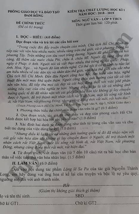Đề thi học kỳ 1 lớp 9 môn Văn năm 2018 - Phòng GD Đam Rồng 