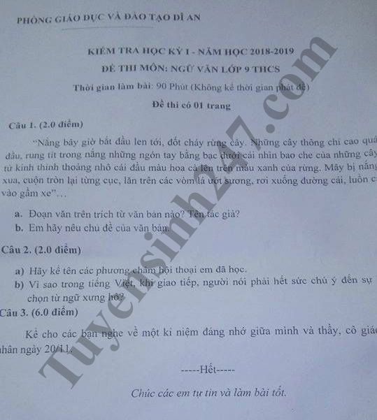 Đề thi học kỳ 1 lớp 9 môn Văn năm 2018 - Phòng GD Dĩ An 
