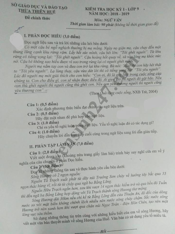 Đề thi học kỳ 1 lớp 9 môn Văn năm 2018 - Sở GD Thừa Thiên Huế 