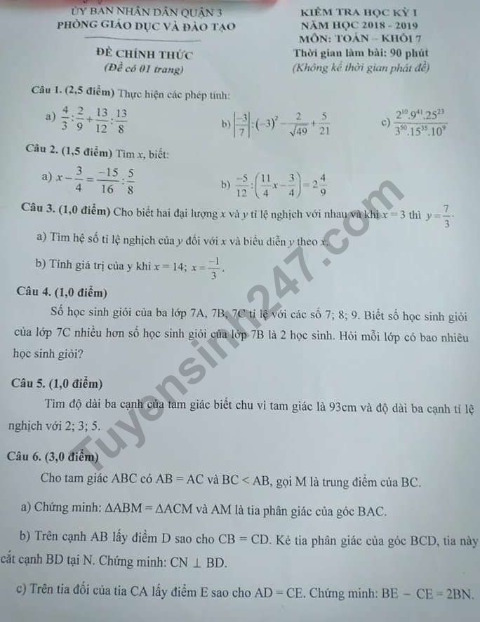 Đề thi kì 1 lớp 7 môn Toán năm 2018 Quận 3