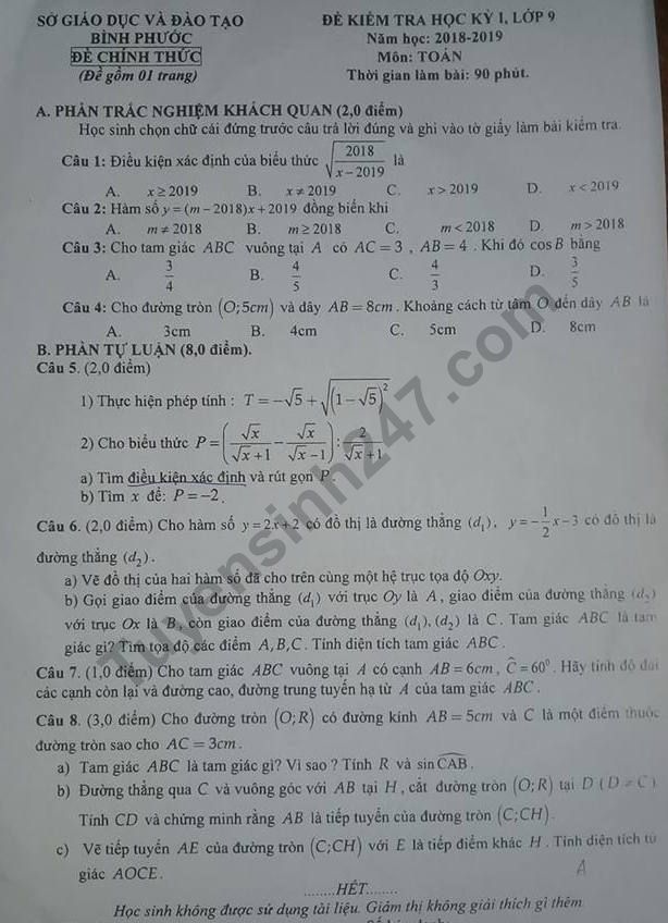 Đề thi kì 1 lớp 9 môn Toán Sở GD Bình Phước 2018