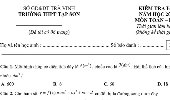 Đề thi học kỳ 1 lớp 12 môn Toán năm 2018 - THPT Tập Sơn 